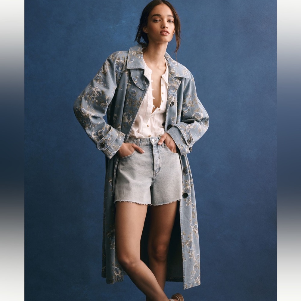NWT - Avec Les Filles Printed Denim Trench Coat - Picture 2 of 4